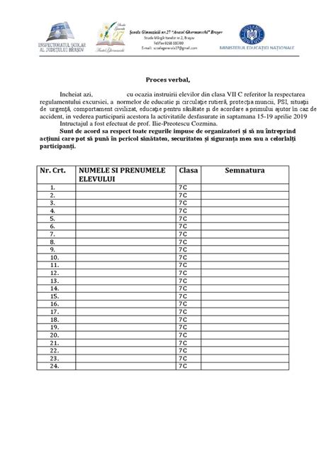 Proces Verbal Instruire Elevi Deplasare Oras Pdf