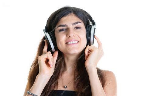 Chica Alegre Positiva Escuchar Música Cabeza Teléfono Sentir Placer