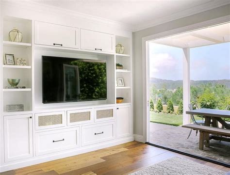 White Built In Tv Cabinets Accented With Oil Rubbed Bronze Hardware And