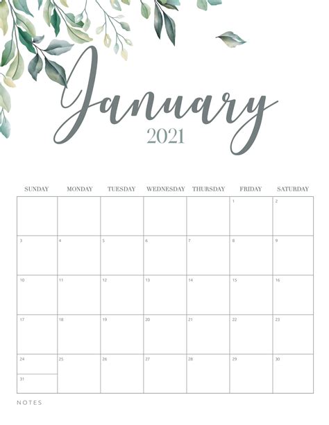 Minimal Botanical January 2021 Free Printable Calendar Free Printable