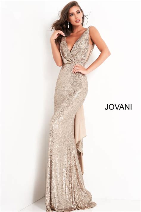 Jovani Gold Long Fitted V Neck Evening Dress Jovani Dresses