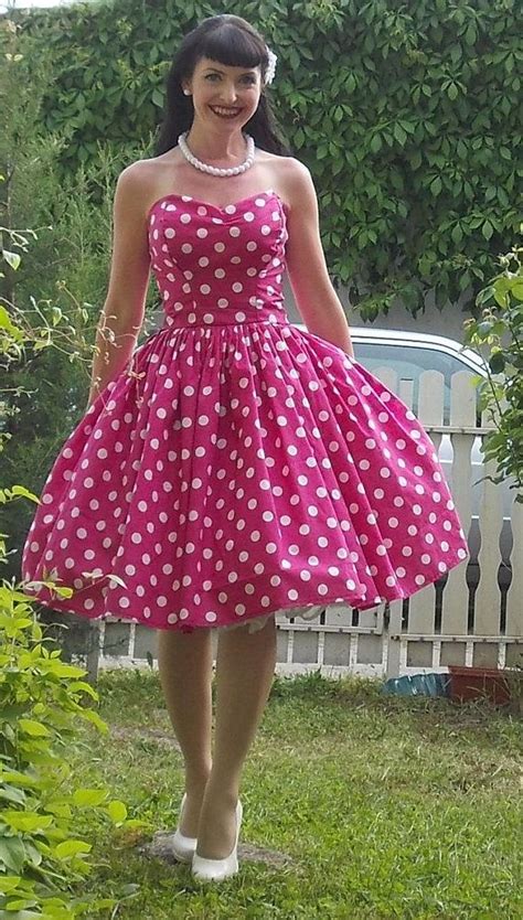 Pinup Dress Rockabilly Girl Fuchsia Pink Green Blue Yellow Dot Full Skirt 1950s Retro