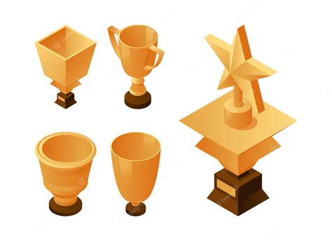 Conjunto De Copas De Oro Y Trofeos Sobre Pedestal De Madera Iconos De