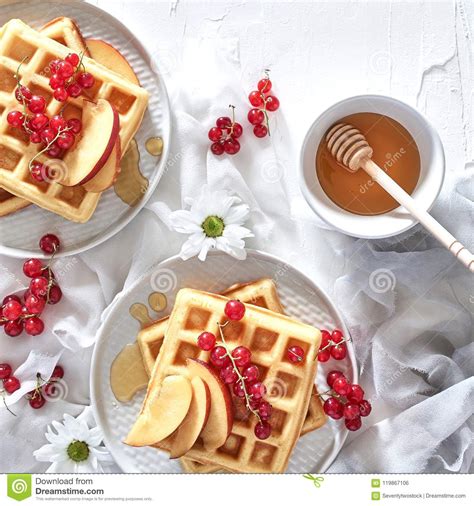 Breakfast Traditional Belgian Waffles With Fresh Fruit And Hone Stock