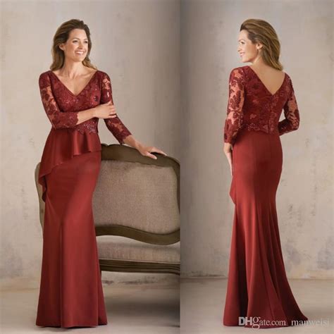 New Burgundy Mother Of The Bride Dresses 34 Sleeves Lace