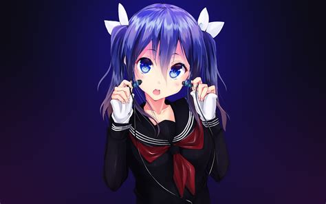 Download 2560x1600 Anime Girl Headphones Blue Hair School Uniform