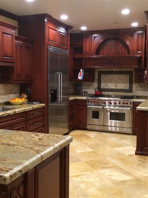 Natural cherry cabinets in kitchen with black granite prep sink pot filler and travertine tile backsplash by kylie m interiors. √ Inspirational Kitchen Ideas Dark Cabinets Cherry | Home ...