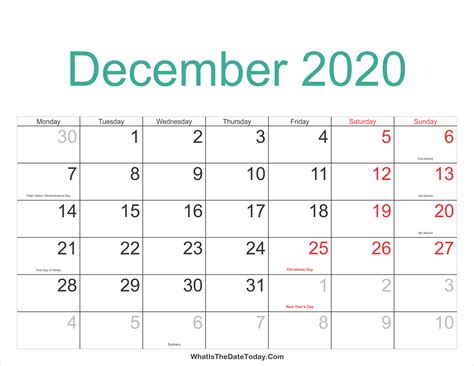 December 2020 Calendar Printable With Holidays Whatisthedatetodaycom