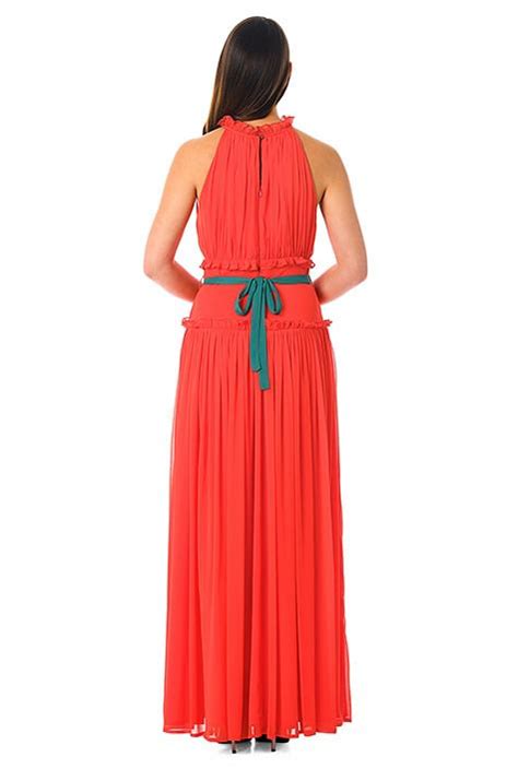 Shop Rosette Belt Ruffle Chiffon Dress Eshakti