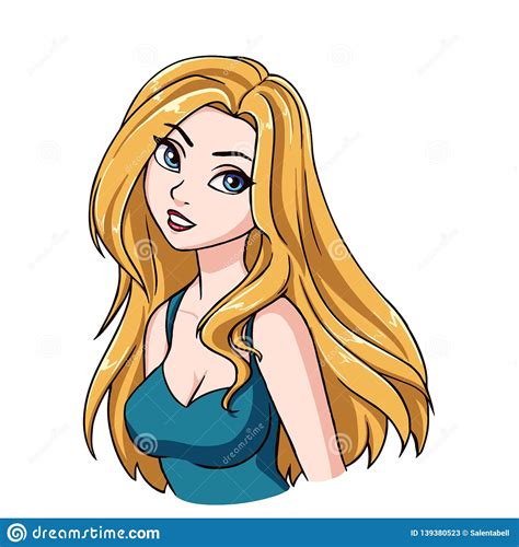 Beautiful Cartoon Smiling Girl Portrait Long Blonde Hair