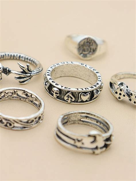 Emmiol Free Shipping 2024 6pcs Vintage Skull Ring Silver One Size In