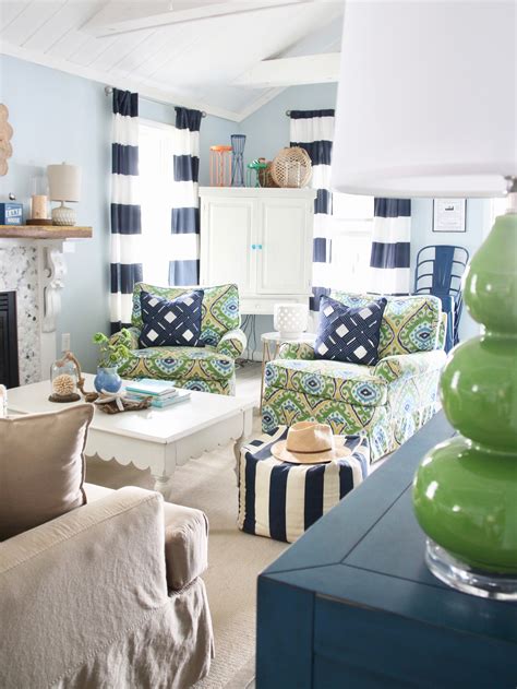 Awesome coastal living room decor. Making a Splash Down at the Lake with New Nautical Decor