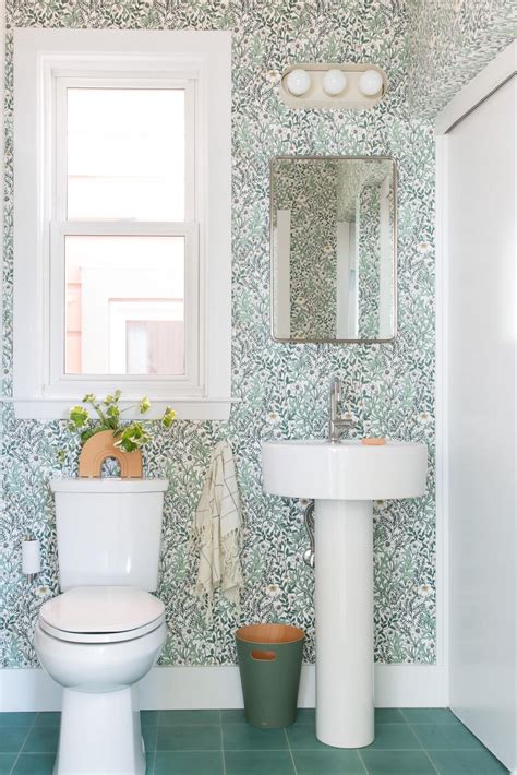 Powder Room With Refreshing Floral Wallpaper And Green Tile Floor Hgtv
