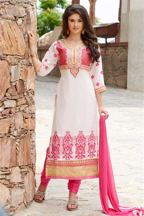Modest Wear Churidar Georgette Suits Off White Embroidered Outfit In Uk