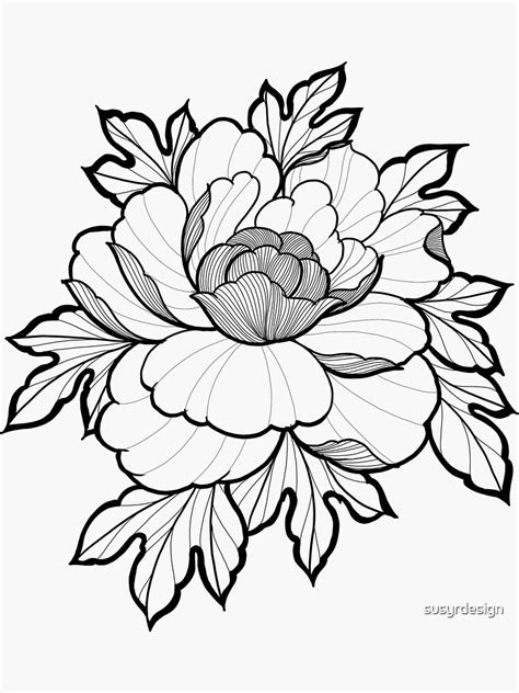 Peony Flower Tattoo Style Sticker By Susyrdesign Redbubble Flower