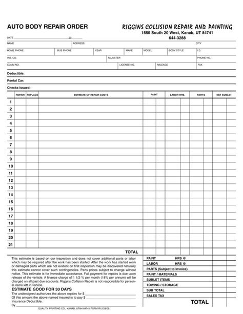 Printable Free Auto Body Repair Estimate Template Forms Free