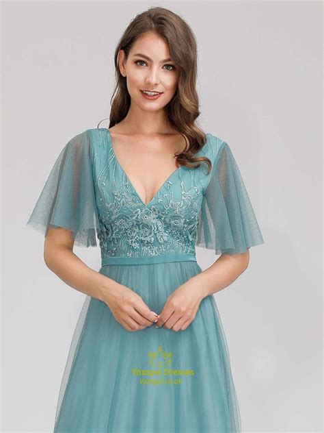 Dusty Blue V Neck Embroidery Tulle Bridesmaid Dress With