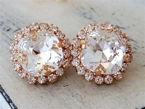 Rose Gold Earrings Clear Crystal Stud Earrings Bridal Etsy