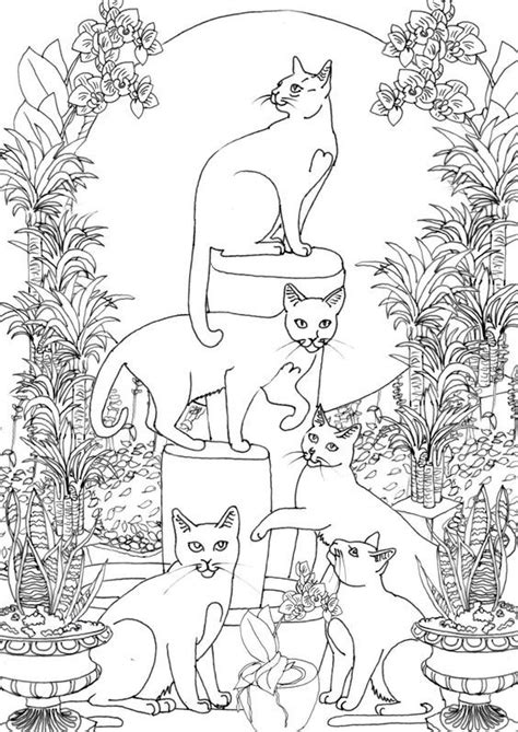 The other day i was standing in line at natural grocer's waiting to check out and noticed here was an adult coloring book featuring cats wearing hats as a last minute grab. Five cats in a garden | Ausmalbilder, Zeichnungen, Ausmalen