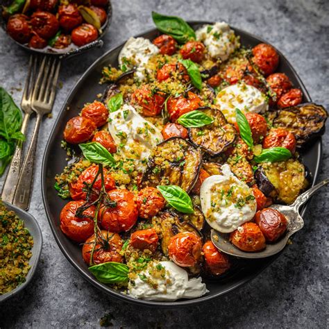 Grilled Eggplant Roasted Tomatoes And Burrata Cheese With Garlic Herb