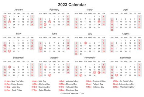 Printable Yearly Calendar 2023 With Holidays