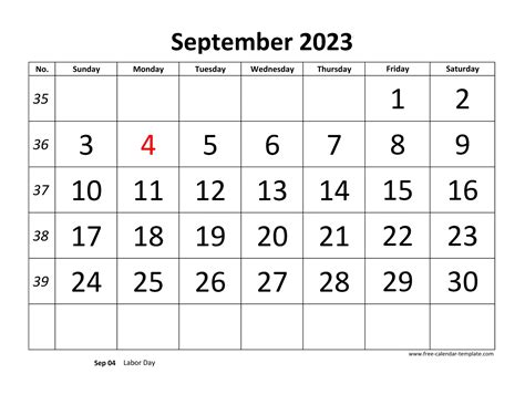 September 2023 Calendar Designed With Large Font Horizontal Free