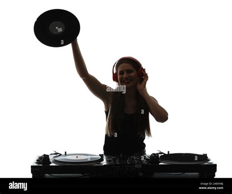 Silhouette Of Female Dj Playing Music On White Background Stock Photo