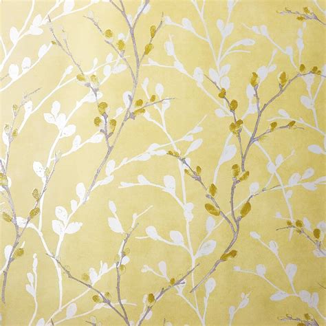 Glitter Willow Branch Wallpaper Yellow Grey