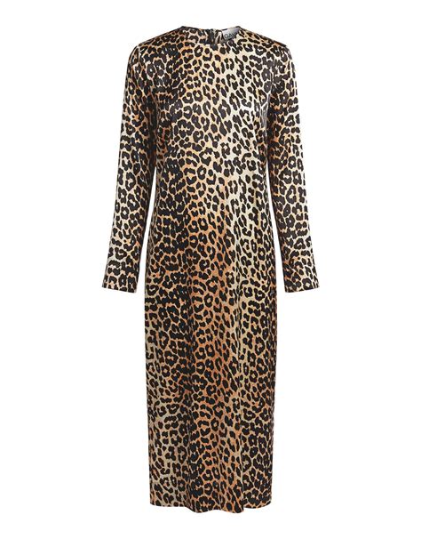 Ganni Leopard Print Silk Blend Satin Midi Dress Lyst