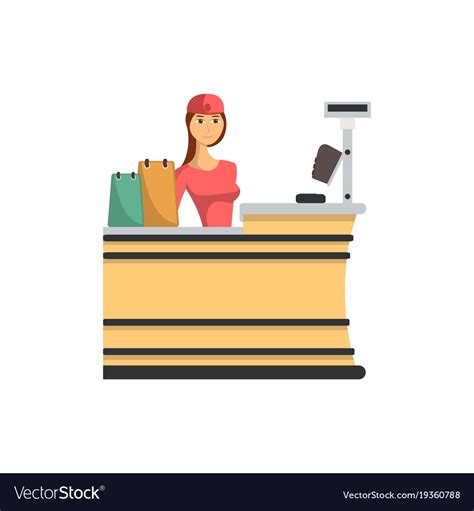 Supermarket Checkout Counter With Cashier Icon Vector Image