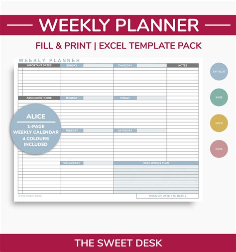 Editable Weekly Planner Excel Template Printable Weekly Calendar One