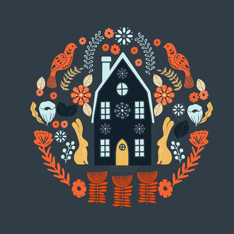 Scandinavian Folk Art Pattern With House And Flowers 679628 Vector Art