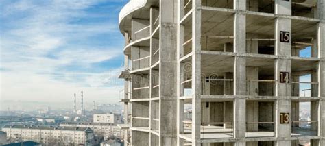 Panorama Of Aerial View Of Concrete Frame Of Tall Apartment Building