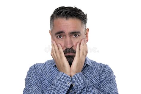 Portrait Of Sadness Man Looking At Camera On White Background Stock