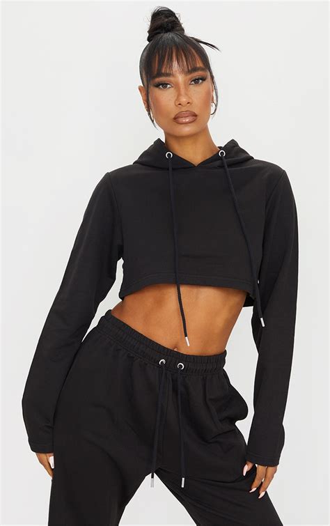 Black Cropped Hoodie Co Ords Prettylittlething Ca