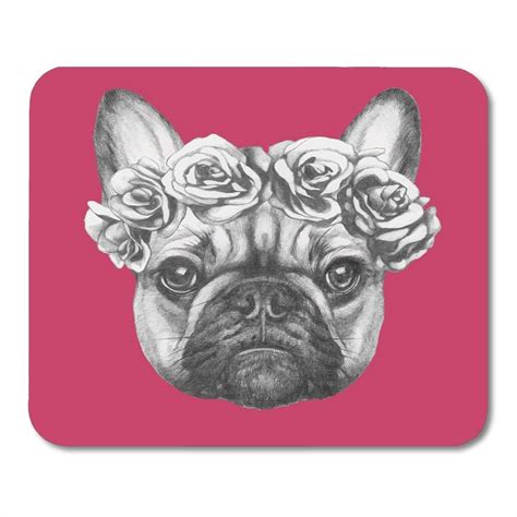 Girl Portrait Of French Bulldog With Roses Vectorial Cool Dog Mousepad