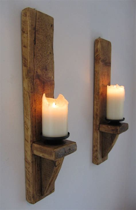 Pair Of Large 60cm Reclaimed Plank Wood Wall Sconce Candle