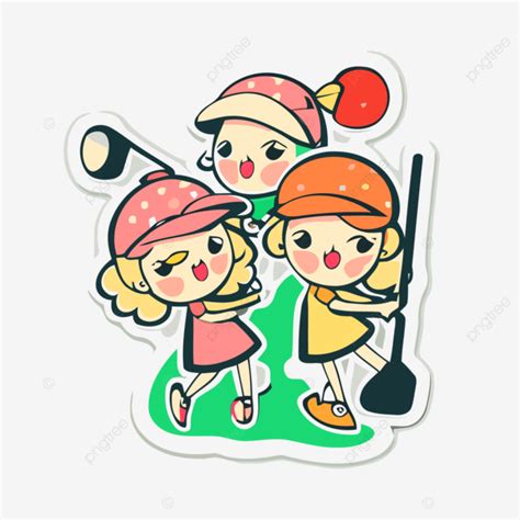 Sticker With Three Children Playing Golf Vector Sticker Design With