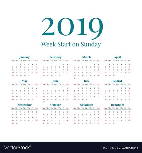 Simple 2019 Year Calendar Royalty Free Vector Image