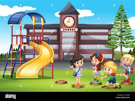 Children Playing At School Playground Illustration Stock Vector Image