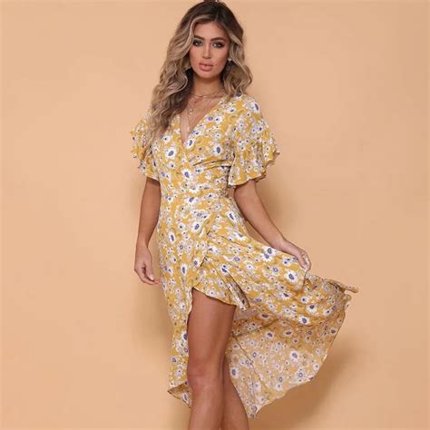 Floral Print Ruffles Midi Dress Women 2019 Summer Asymmetry Short Sleeve V Neck Sexy Dress