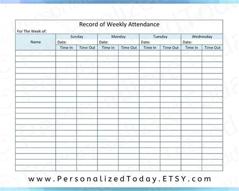 Printable Weekly Child Care Attendance Sheet Pdf Digital Etsy