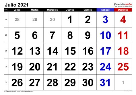 Calendario Julio 2021 En Word Excel Y Pdf Calendarpedia