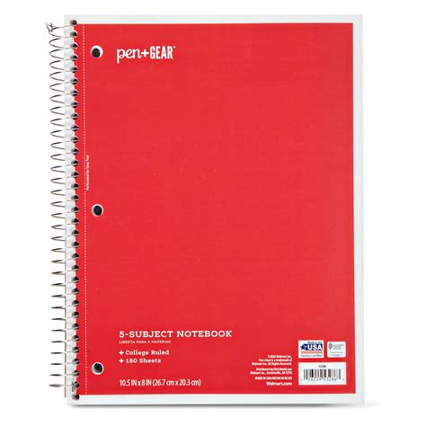Pen Gear 5 Subject Spiral Notebook College Ruled Red 180 Sheets