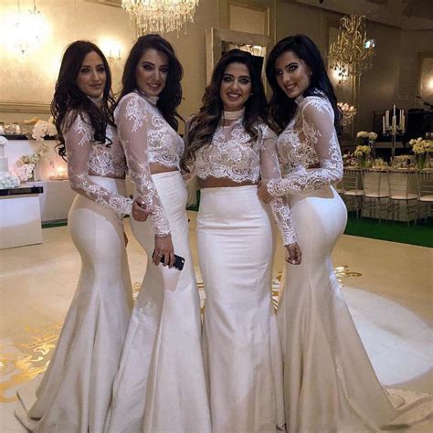 Fashion Two Pieces Bridesmaids Dresses High Neck Long Sleeve Lace Formal Gowns Sweep Train Long