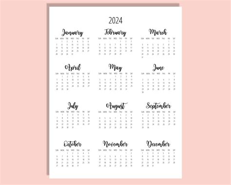 2024 Calendar Template 85 X 11 Inches Vertical Year At A Etsy