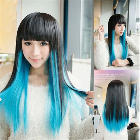 Straight Long Wigs With Bang Women Harajuku Black Blue Gradient Wig Japanese Harajuku Anime