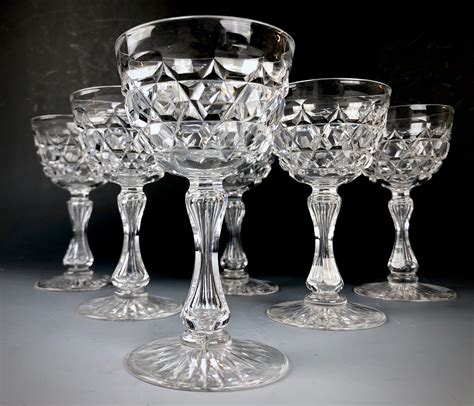 Antique American Brilliant Period Cut Glass Wine Glasses Applecore Stem Hobnail Diamond Cut 6 Pieces