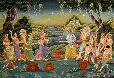 Radha And Krishna Play Holi With Companions Exotic India Art
