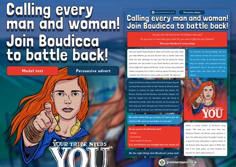 Year 3 Model Text Persuasive Advert Join Boudicca To Battle Back Gbsct P3 Grade 2